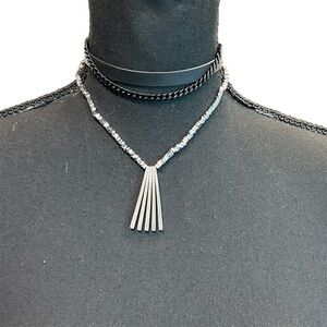 Tocara stainless steel chain leather layered choker necklace